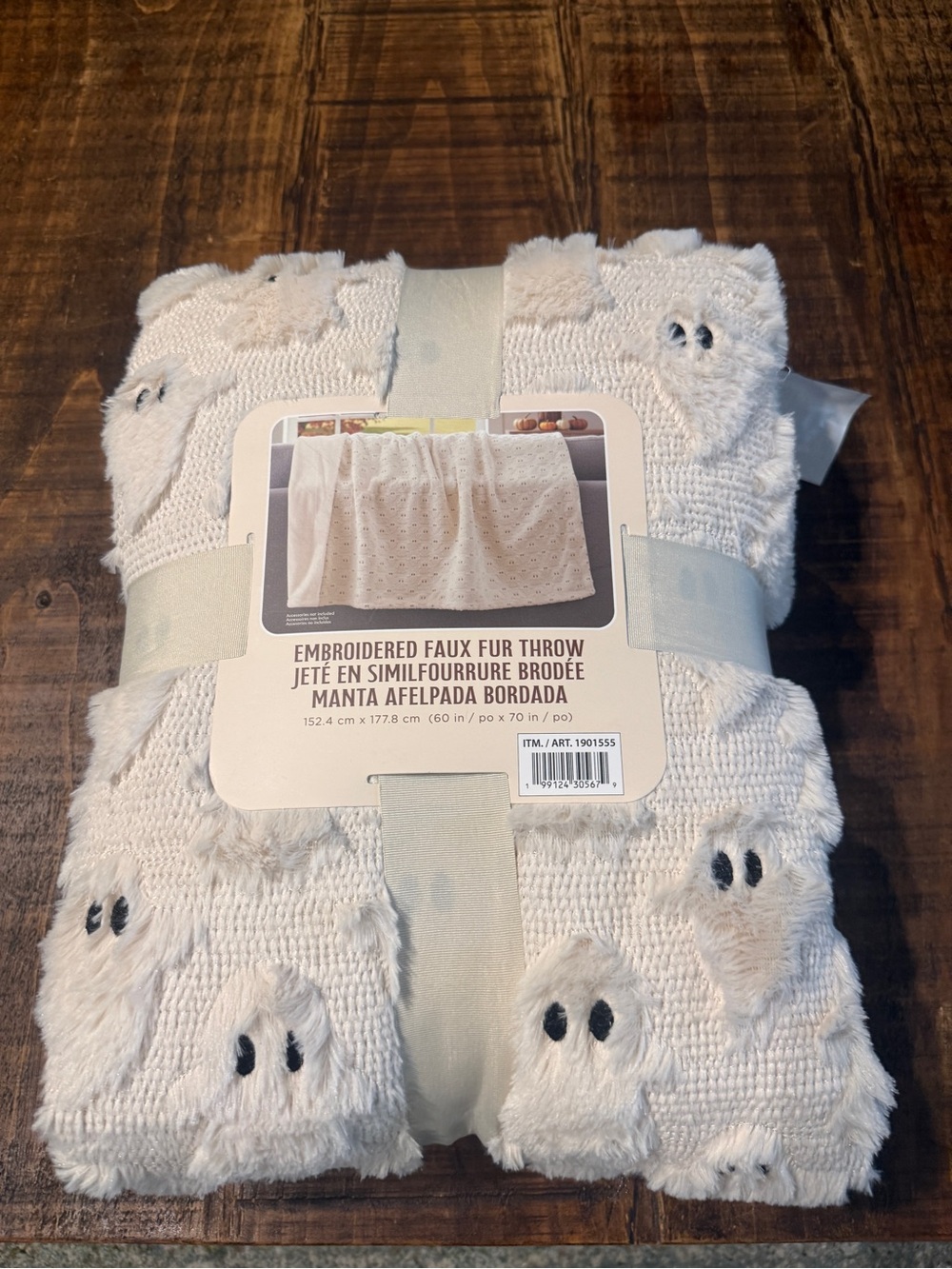 Embroidered Ghost Faux Fur Throw Blanket - Cream